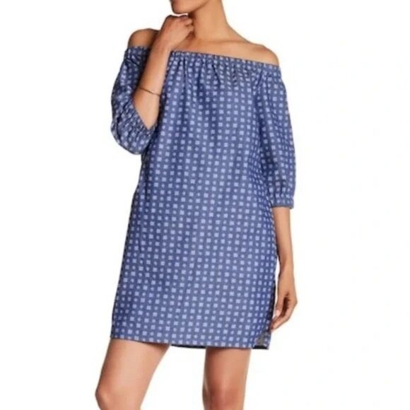 NINA LEONARD Large Off-the-Shoulder Print Denim‎ Dress Western Summer Casual - Picture 2 of 10